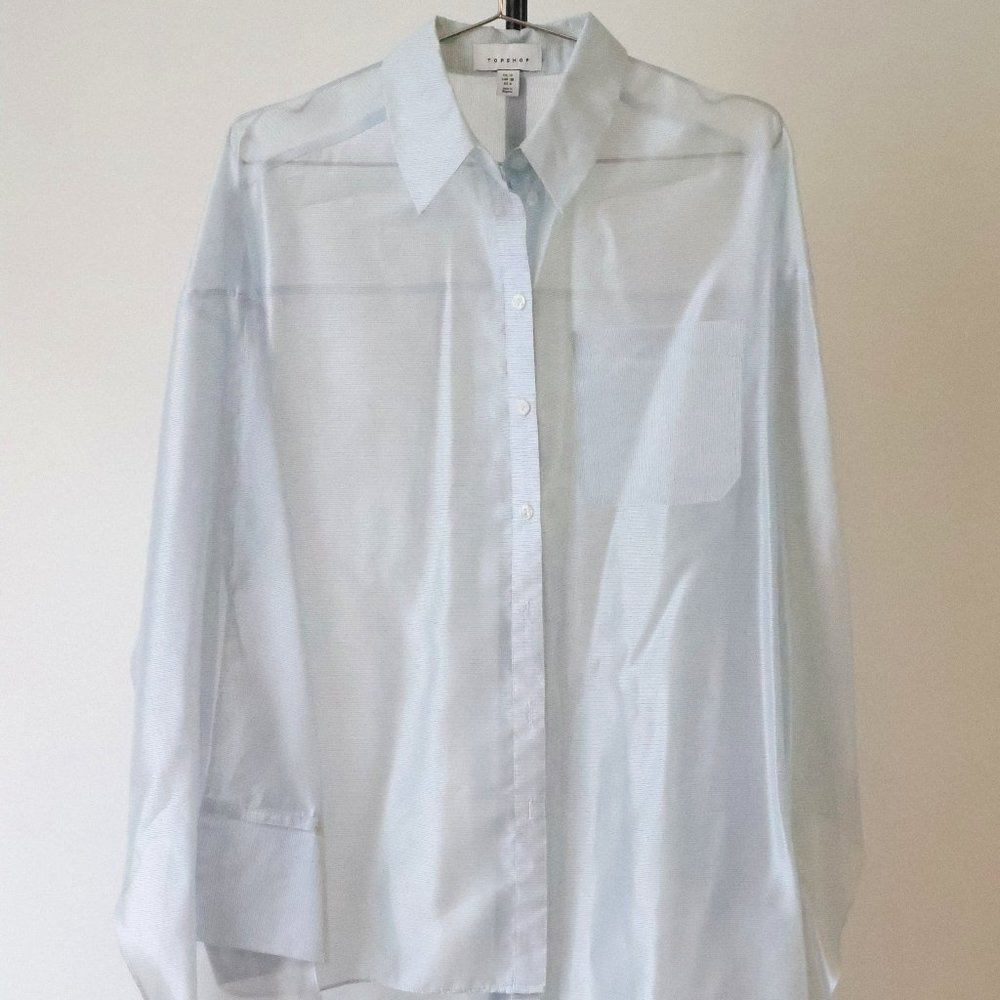Topshop See Thru Mesh Pinstripe Blue Button Down Asymmetrical Blouse - Size S